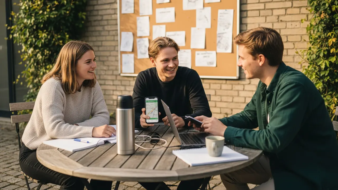 Studerende planlægger en samkørsel sammen ved telefon og laptop ved opslagstavle
