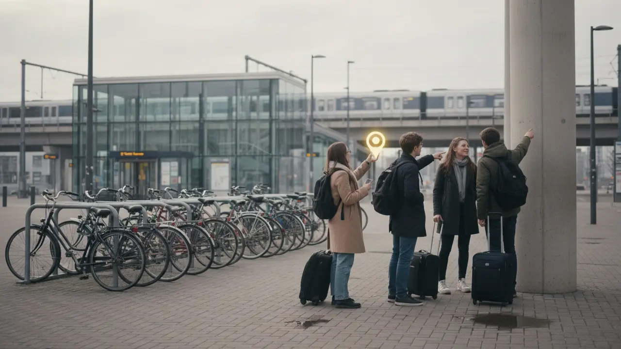 Studerende venter ved cykelparkeringen ved en station som konkret afhentningssted