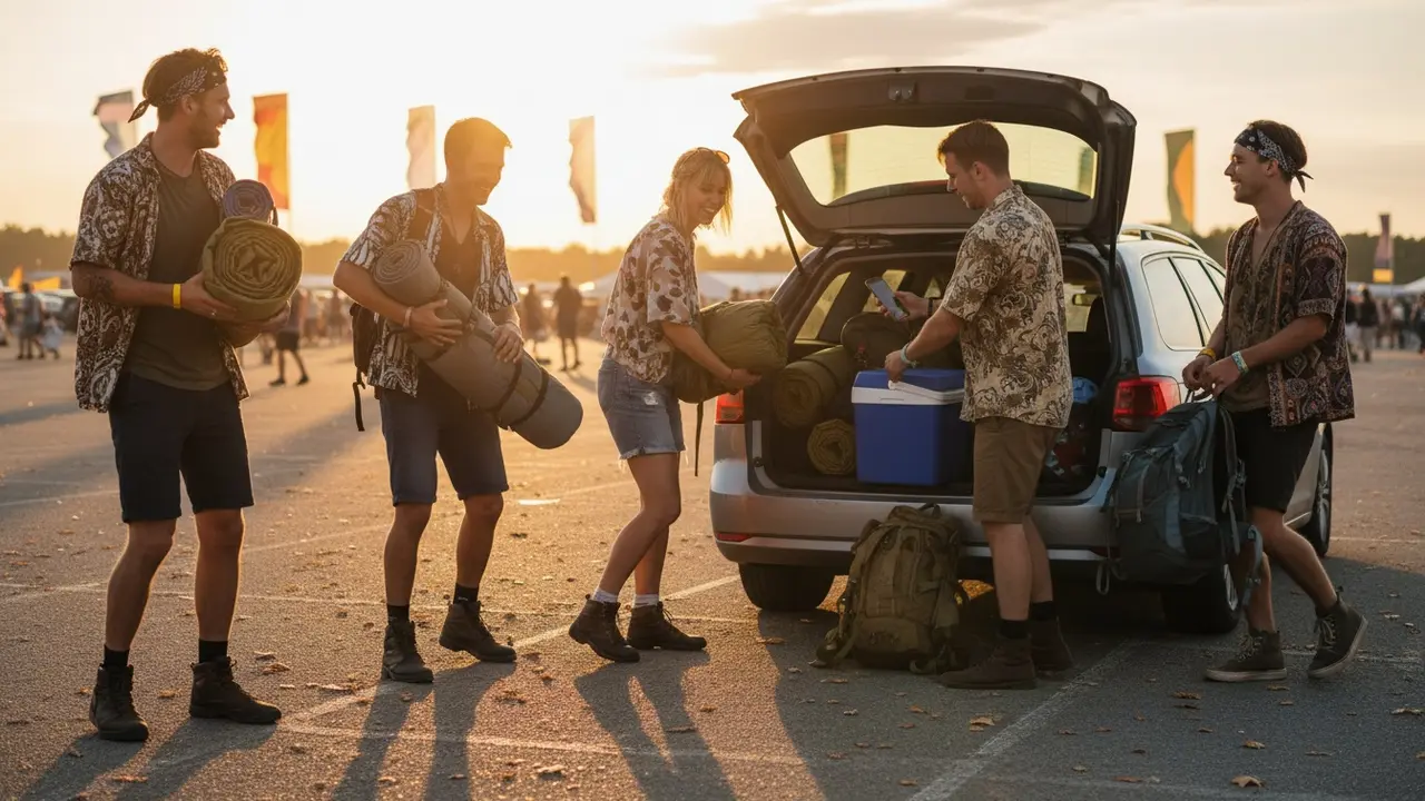 Venner pakker bil med telt, køletaske og rygsække før festivalafgang