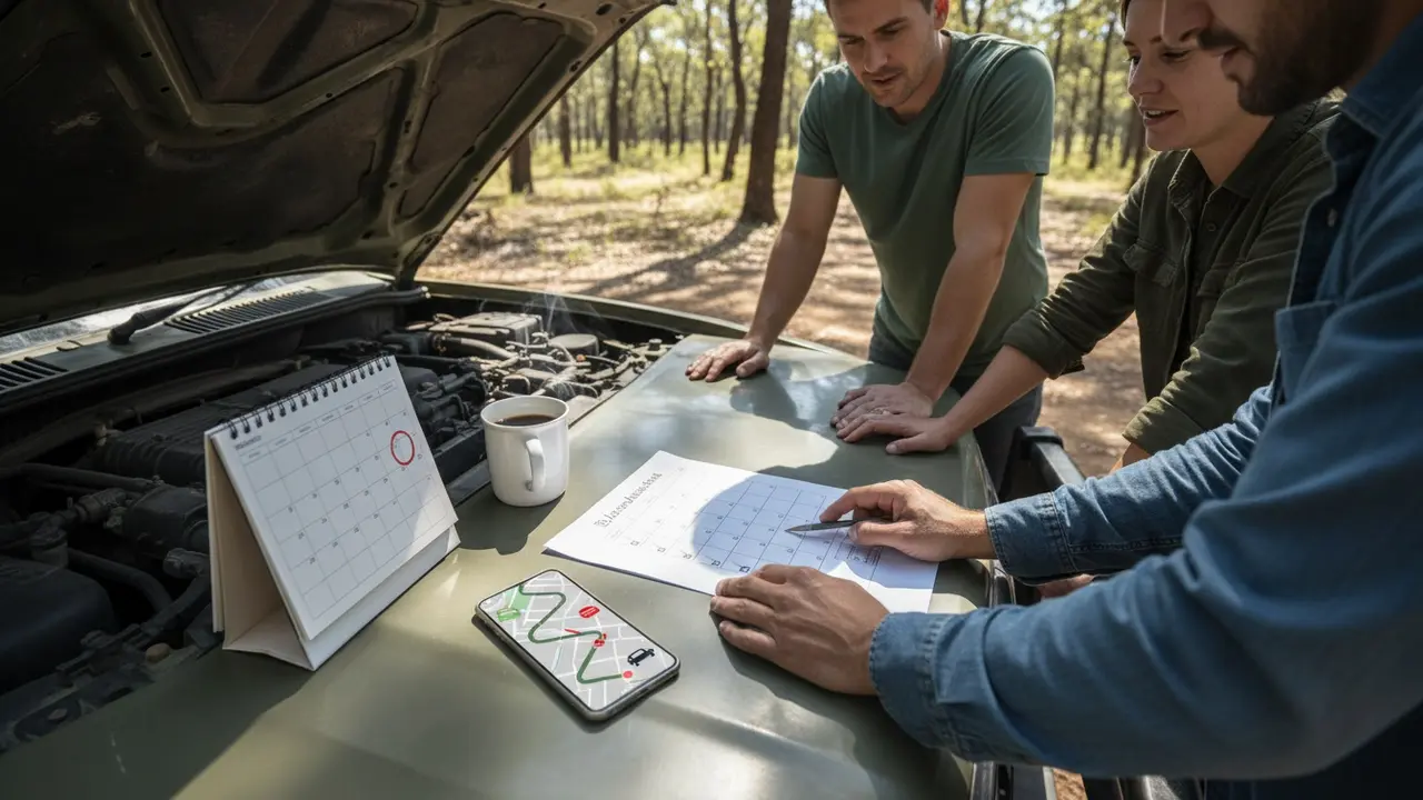 Gruppe planlægger afgang med tjekliste, kalender og rute på telefon