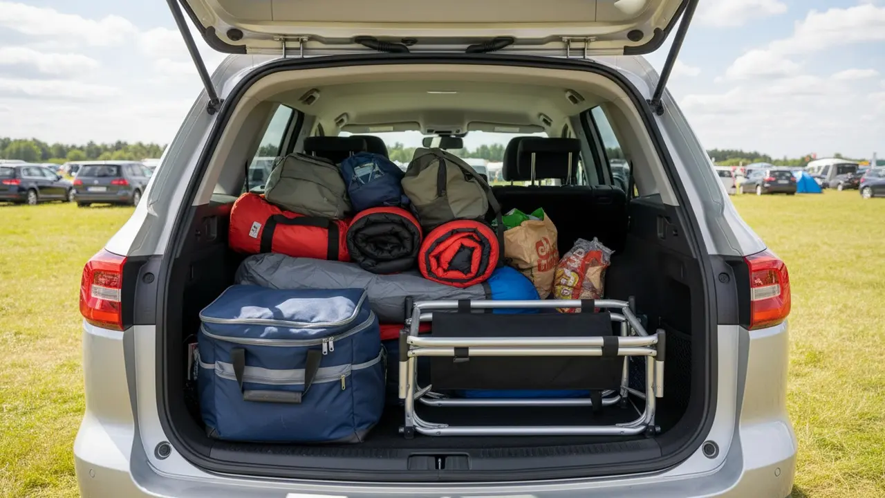 Bagagerum pakket systematisk med telt, køletaske og soveposer for at maksimere plads