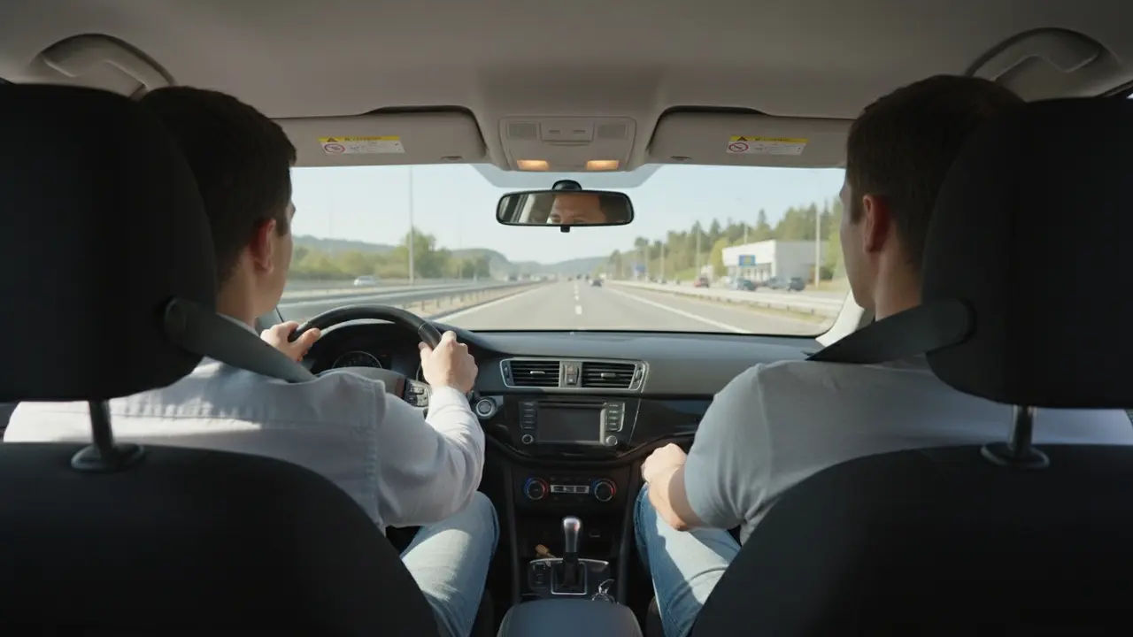 Chauffør kører forsigtigt med frontpassagerer fastspændt og opmærksom på vejen