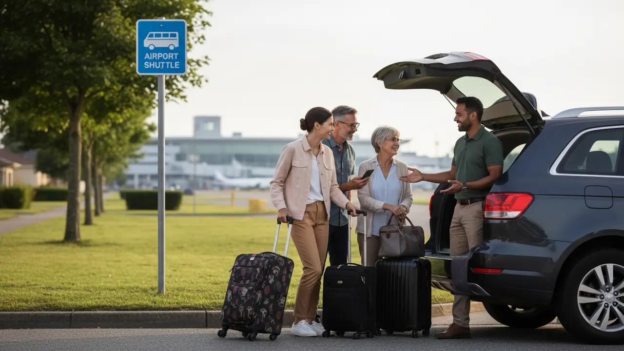 Rejsende med kufferter, der går ind i en samkørselsbil på vej til lufthavnen