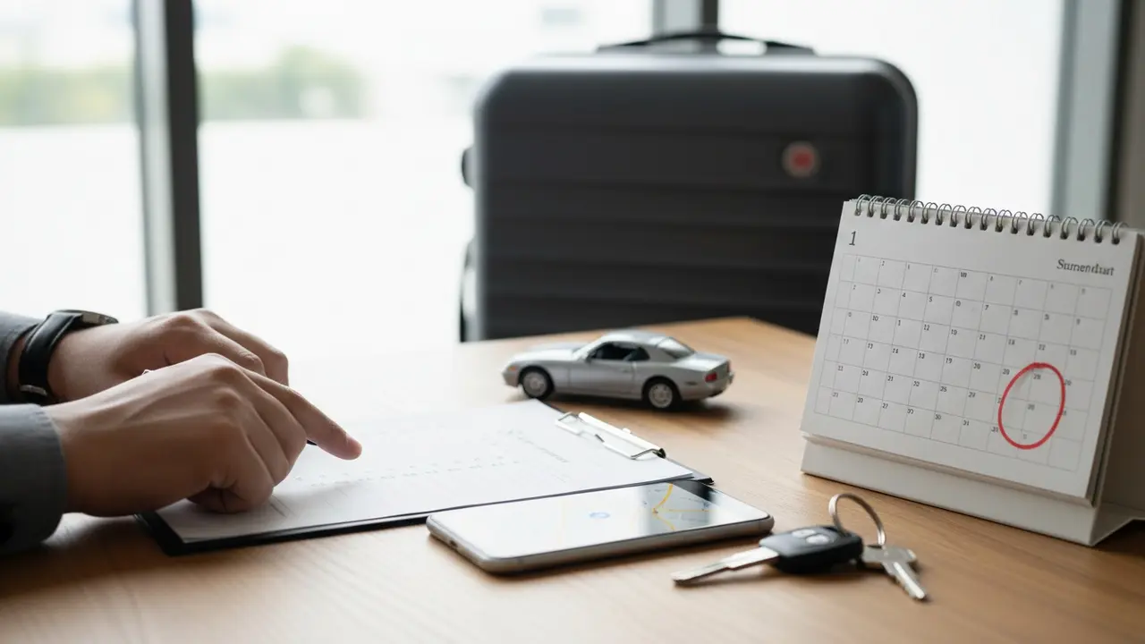 Hånd der peger på en tjekliste ved siden af smartphone med kort og kalender, planlægning af samkørsel