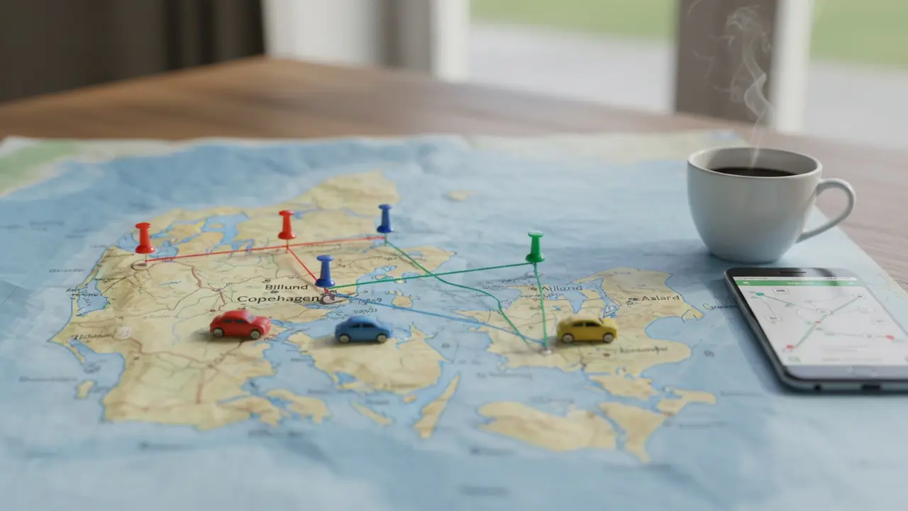 Kort over Danmark med legetøjsbiler og nåle, der markerer populære ruter til lufthavnene