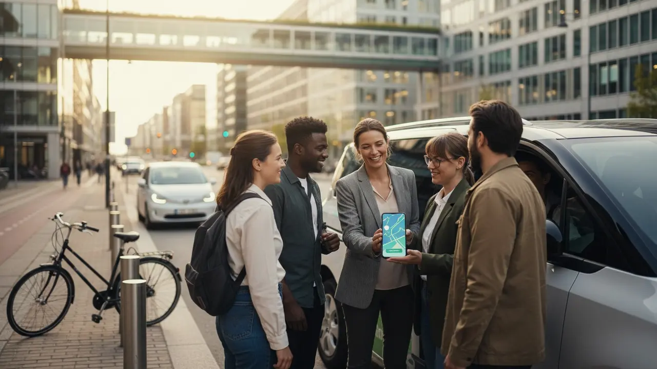 Person holder smartphone med samkørselsapp i bymiljø