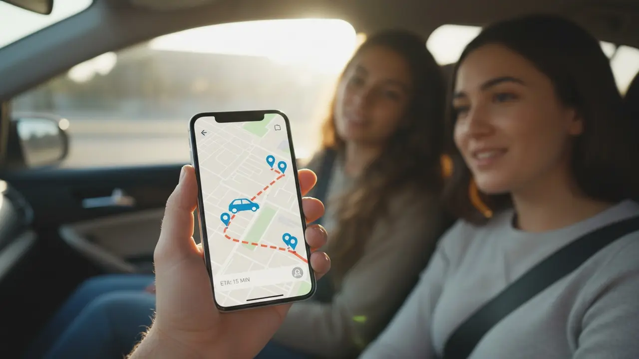 Smartphone viser live GPS-sporing af samkørsel på kort