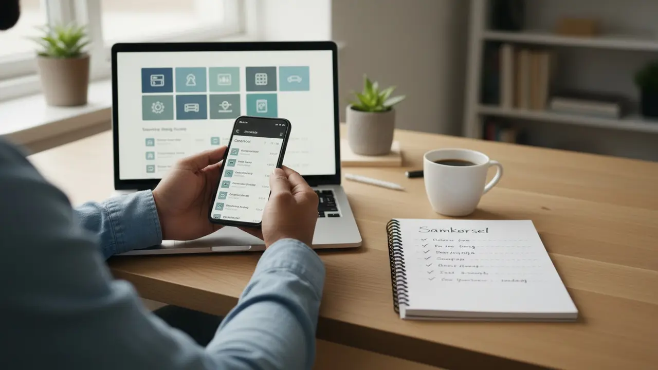Person sammenligner samkørselsapps og noter ved et skrivebord