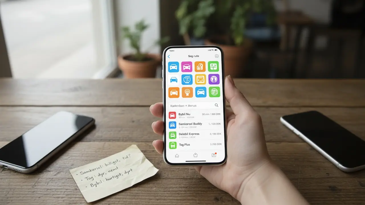 Smartphone viser søgning efter samkørselsrute med priser og tider