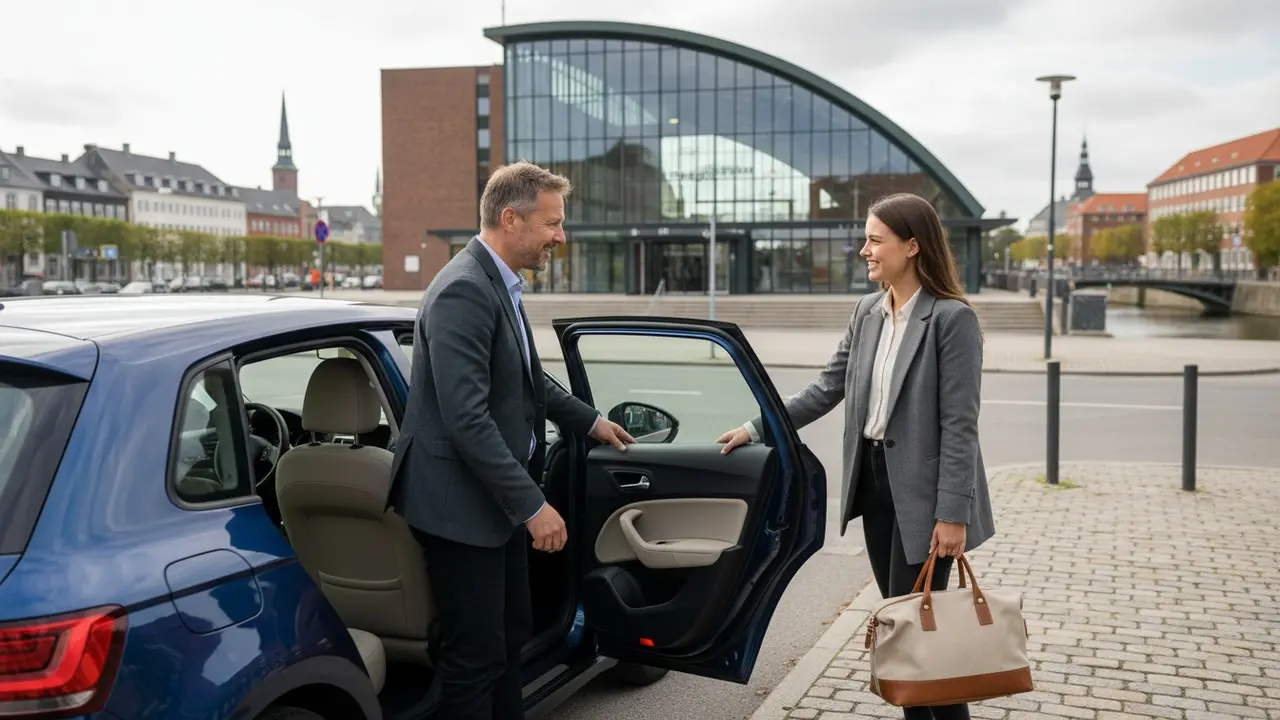 Chauffør byder passager velkommen ved en afhentning på stationen