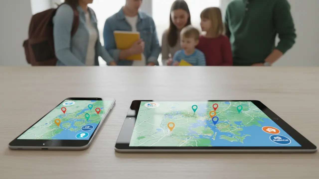 Tablet og smartphone med Danmarkskort og samkørsels-apps, personer i baggrunden