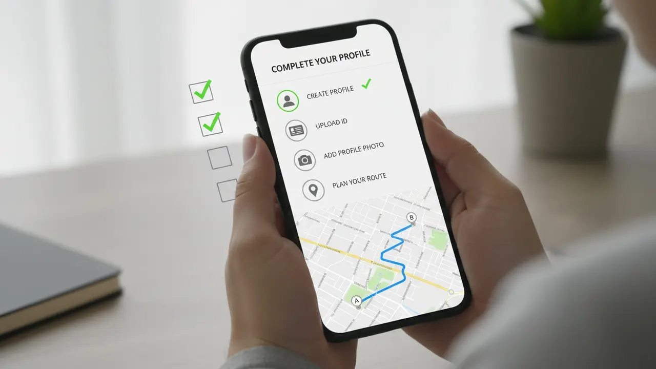 Hænder med smartphone der viser trinvis opret-profil, upload af ID og profilfoto