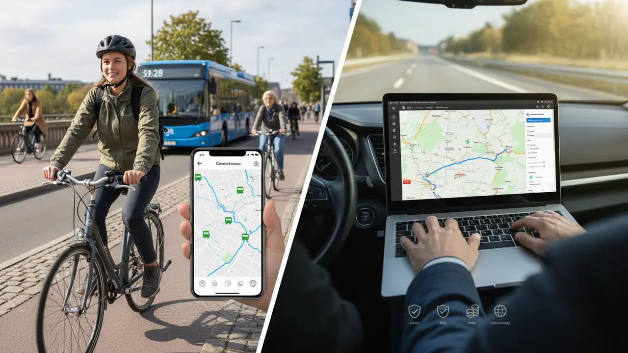 Split-billede: lokal pendling med dansk app og langdistancekørsel med international app