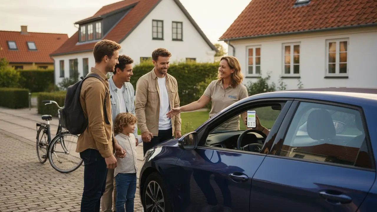 Forskellige mennesker ved en bil mens en smartphone viser et kort (sløret), illustrerer samkørsel i Danmark.