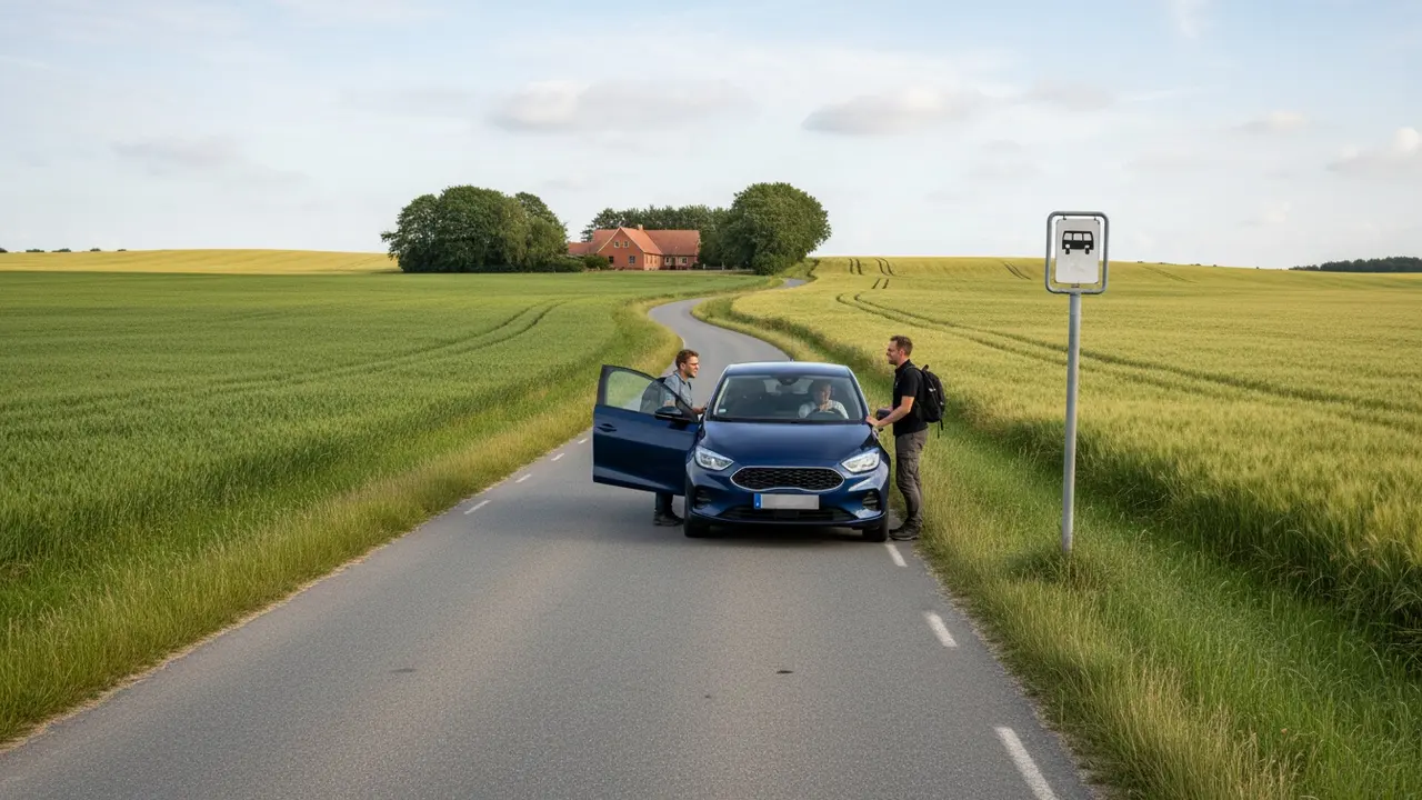 Bil afhenter passager på landevej nær gård, viser samkørsel i landdistrikter.