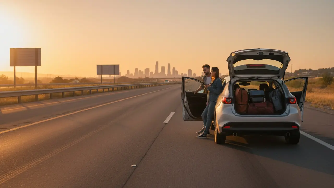 Bil med bagage på motorvej mod by i horisonten, illustrerer længere samkørselsture.