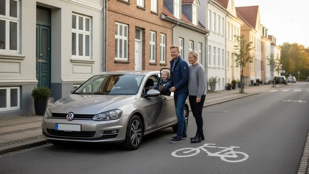 Naboer der stiger ind i en bil til samkørsel foran en dansk villavej.