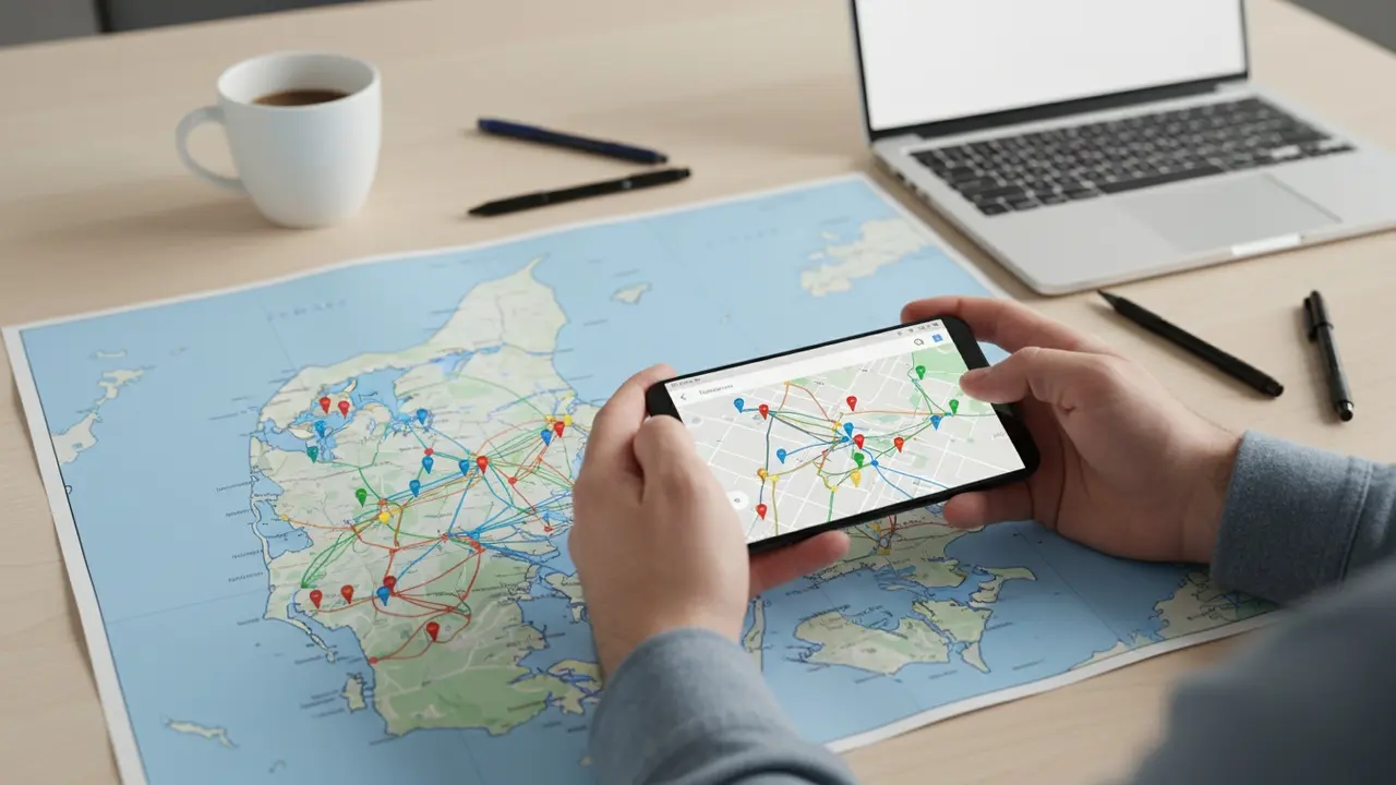 Smartphone over et kort over Danmark viser ruter og dækning for samkørsel.