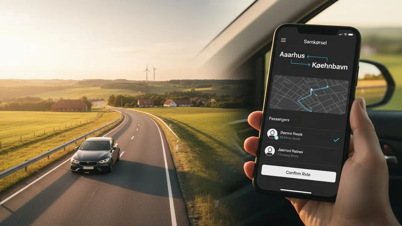 Motorvej i Danmark med telefon, der viser en samkørselsrute Aarhus → København.