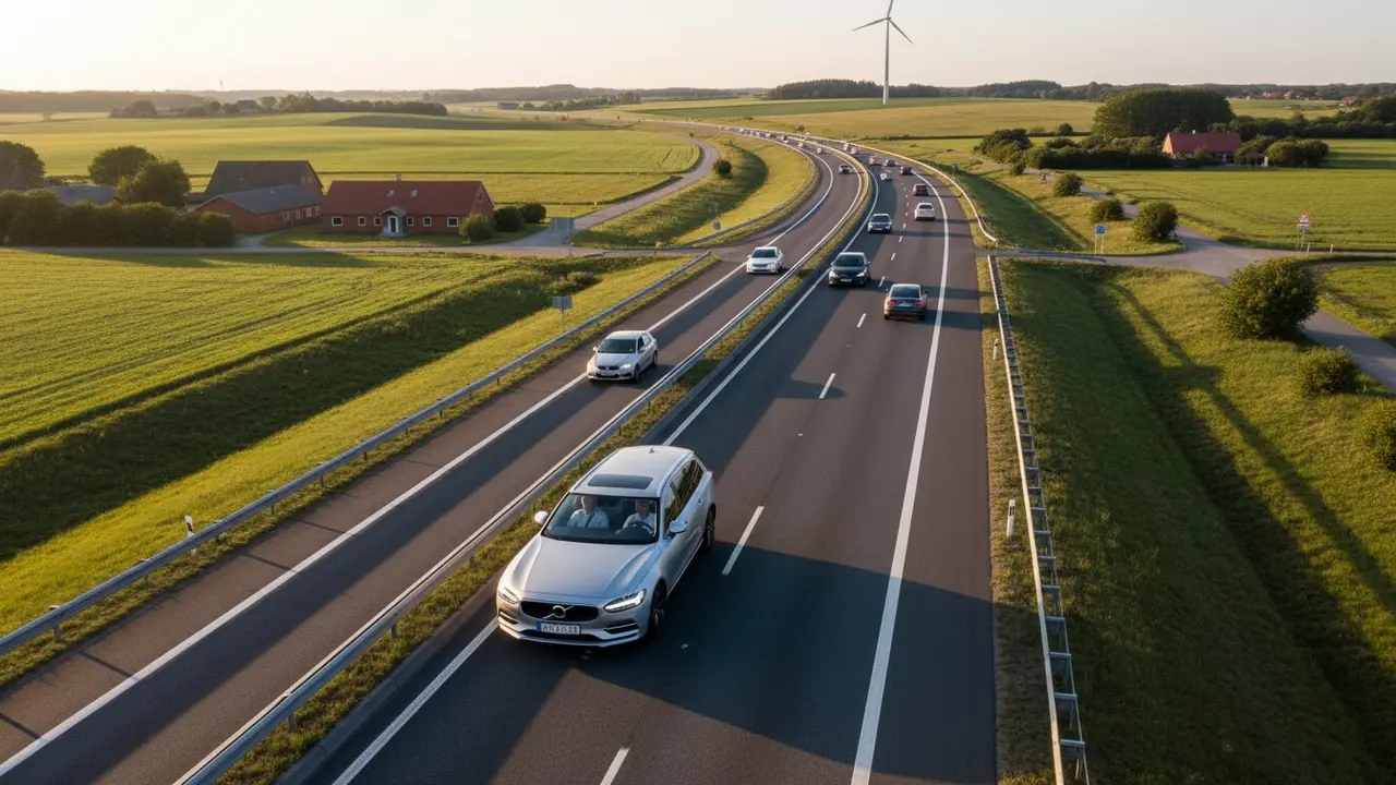 Luftfoto af motorvej med få biler og en fyldt samkørselsbil, der kører frit.