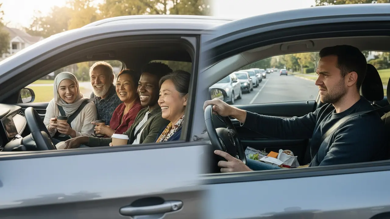 Delt samkørsel med flere passagerer til venstre og en enkelt bilist til højre.