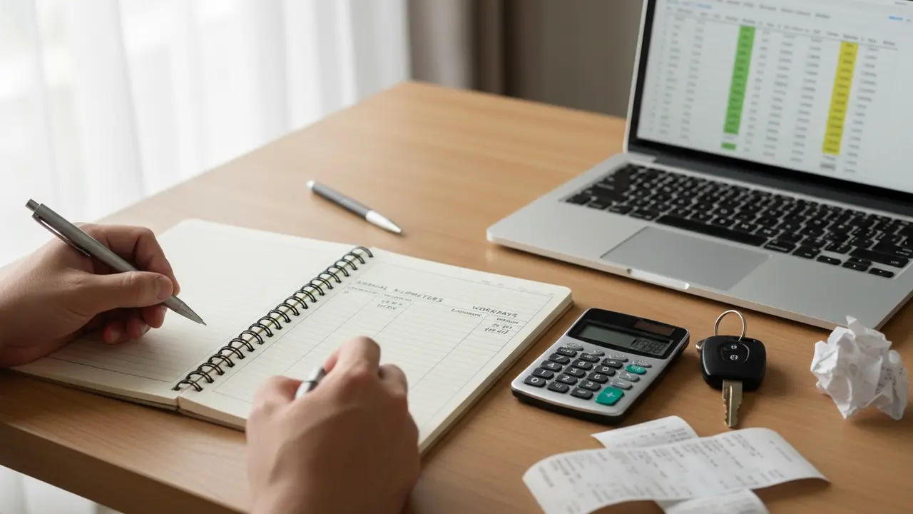 Bord med notesblok, lommeregner, bilnøgle og brændstofkvitteringer ved beregning af km.