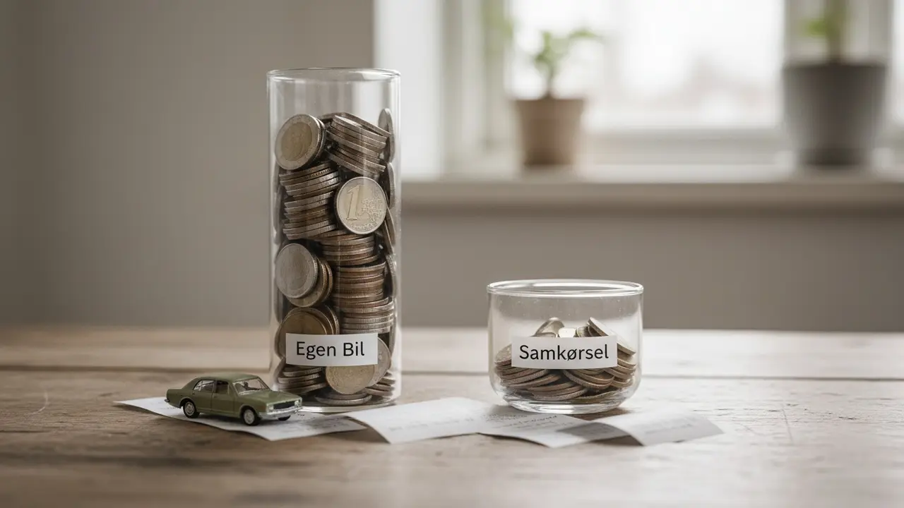 To stakke mønter der viser forskel i årlige omkostninger: høj for egen bil, lav for samkørsel.