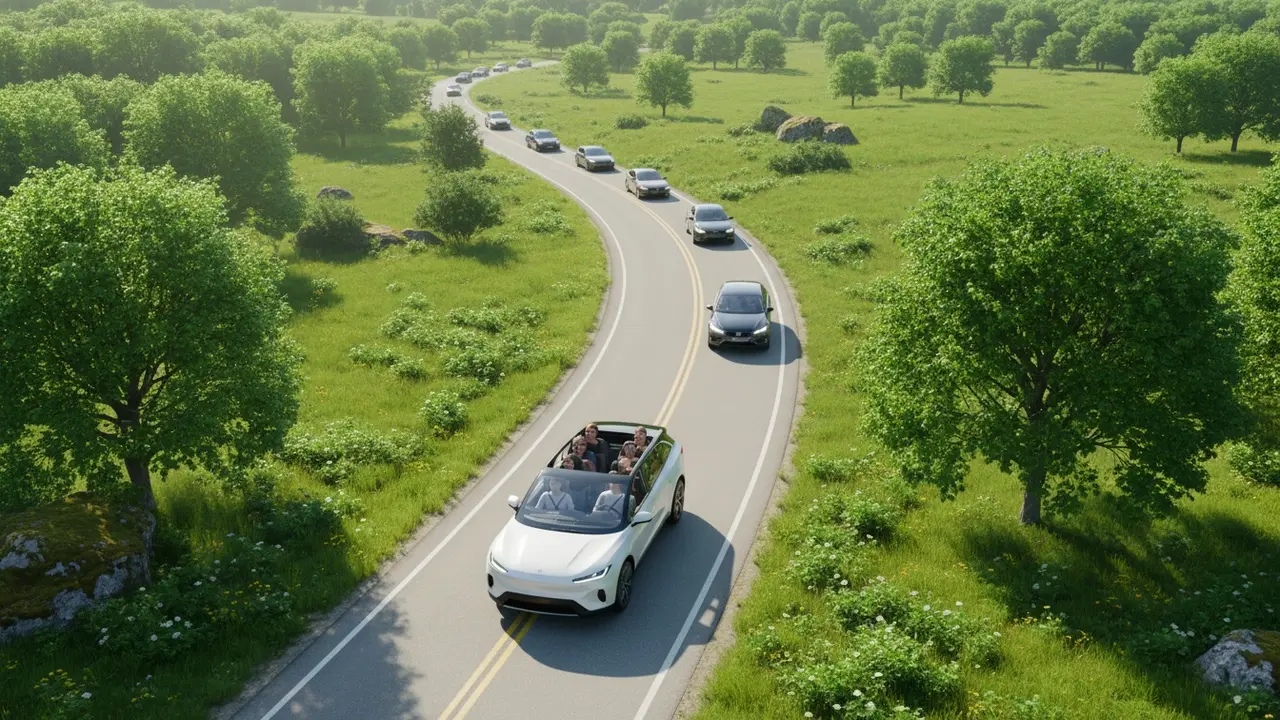 Bil med flere passagerer på grøn vej, visualiserer lavere CO2-udledning ved samkørsel.