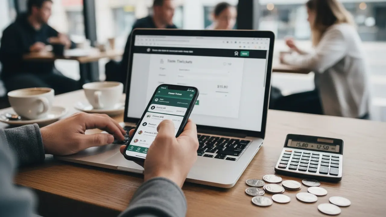 Person sammenligner togbilletpris og samkørselstilbud på smartphone og laptop
