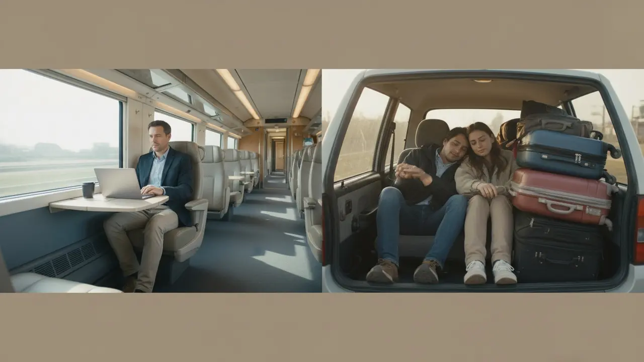 Rummeligt togkupé med laptop versus trang bilinteriør med bagage