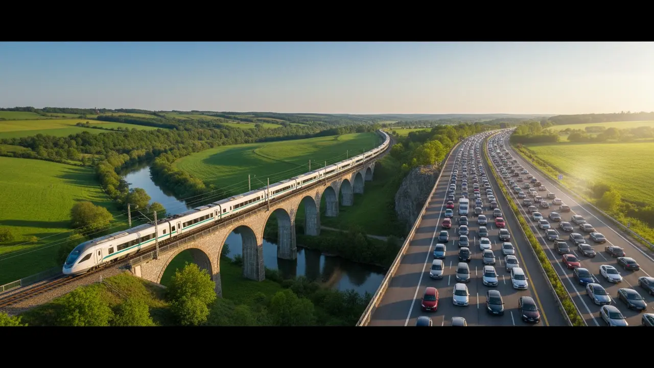 Elektrisk tog gennem grønne marker ved siden af biltrafik på motorvej