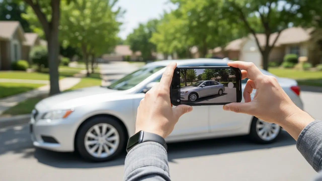 Person tager billede af ren bil med smartphone til bilregistrering