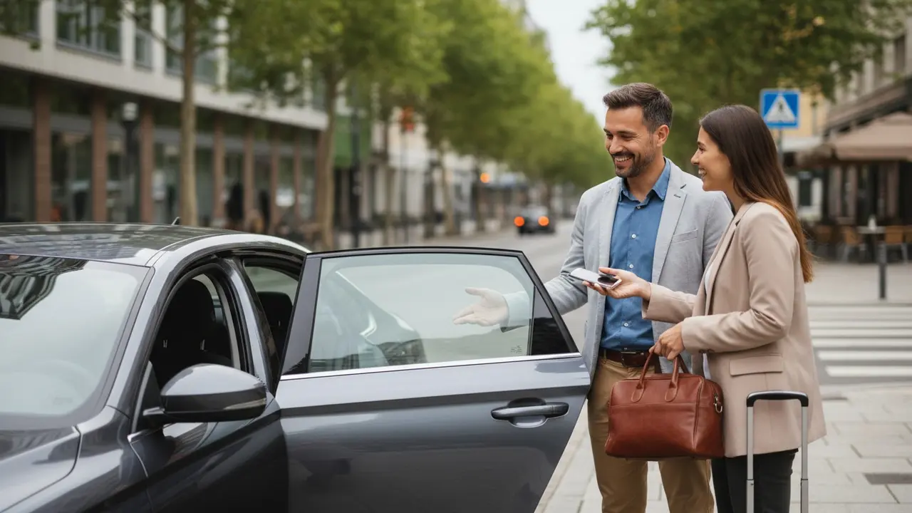 Professionel chauffør byder passager velkommen ved en ren bil på en rolig byvej.