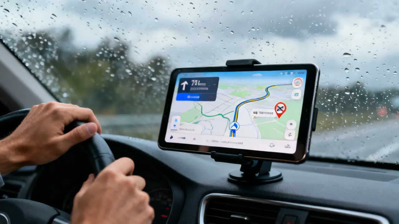 Navigation på telefon med primær og alternative ruter og live trafik, set fra bilens instrumentbord.