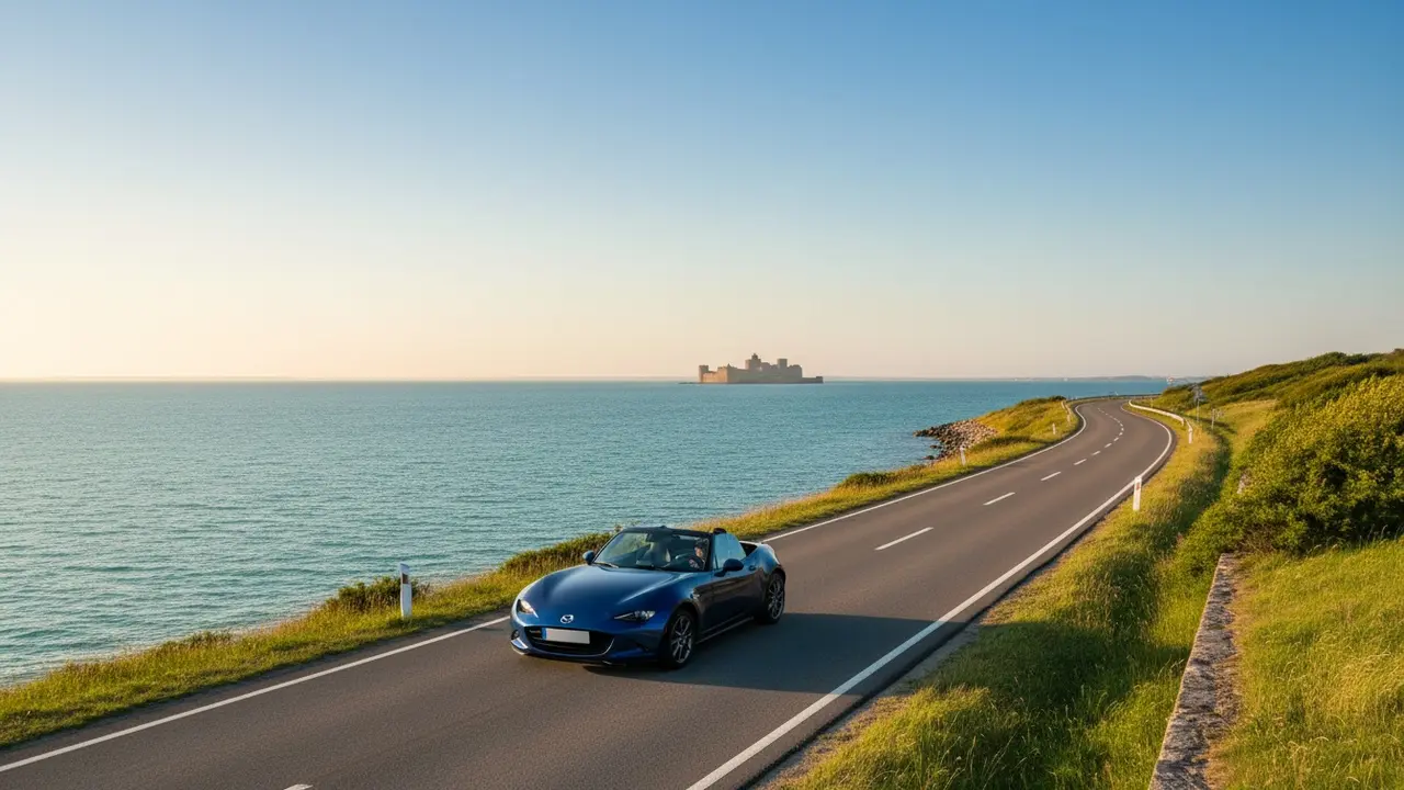 Bil kører langs kysten mod Helsingør med Øresund og Kronborg i baggrunden