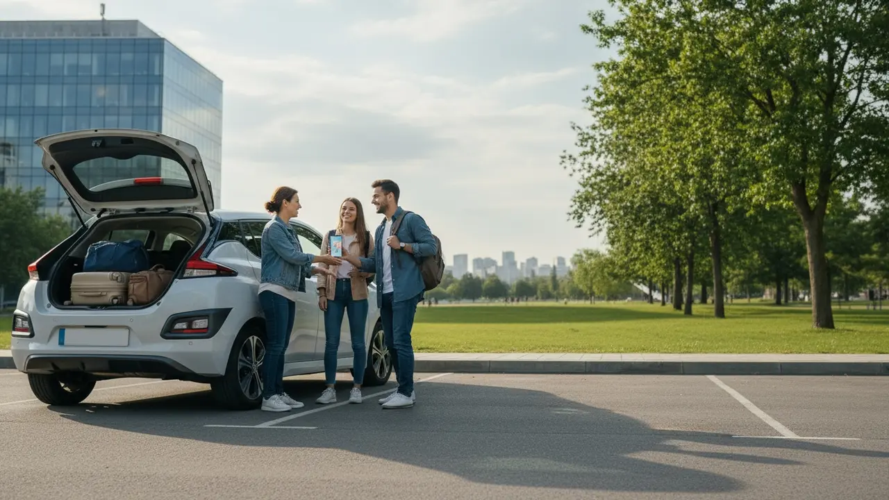 Chauffør møder to glade passagerer ved afhentning, smartphone med booking i hånden