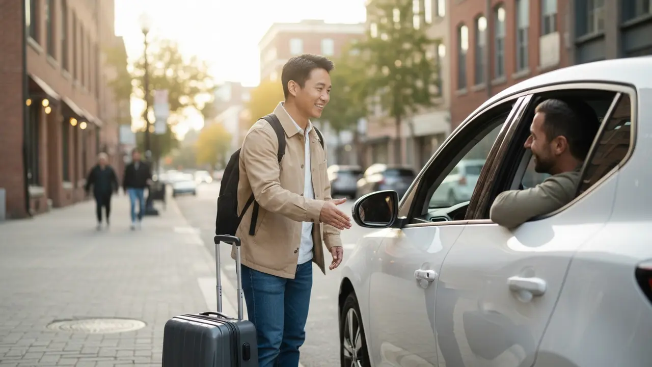 Passager hilser på chauffør ved bilen med lille kuffert i dagslys