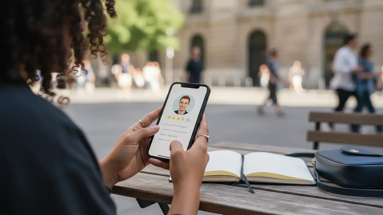 Passager ser chaufførprofil på smartphone med foto og stjerner