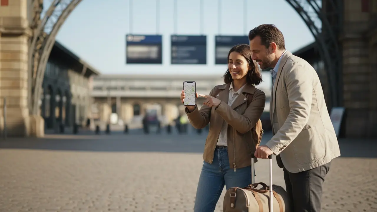 To personer bekræfter mødested ved stationsindgang med kort på telefonen
