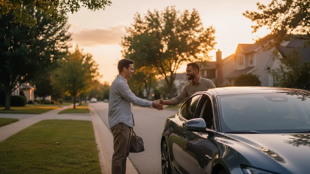 Passager hilser venligt på chaufføren ved bilen før afgang