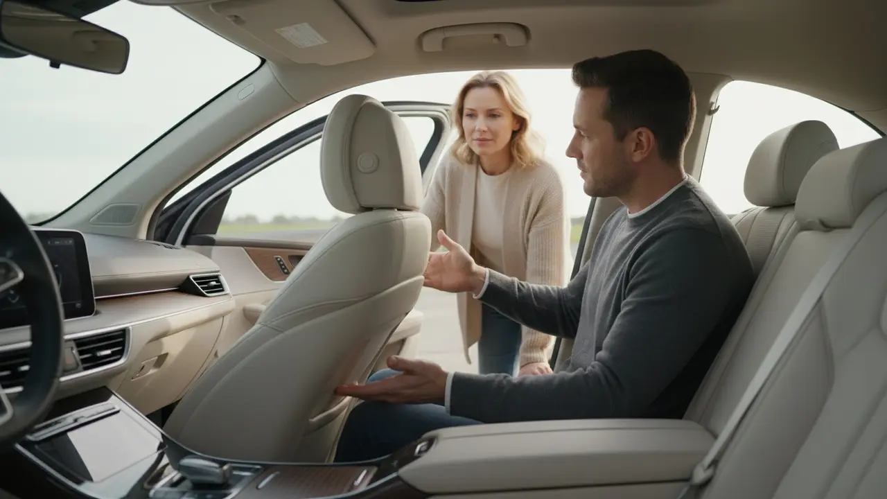 Chauffør peger mod bagsædet mens passager vælger sæde