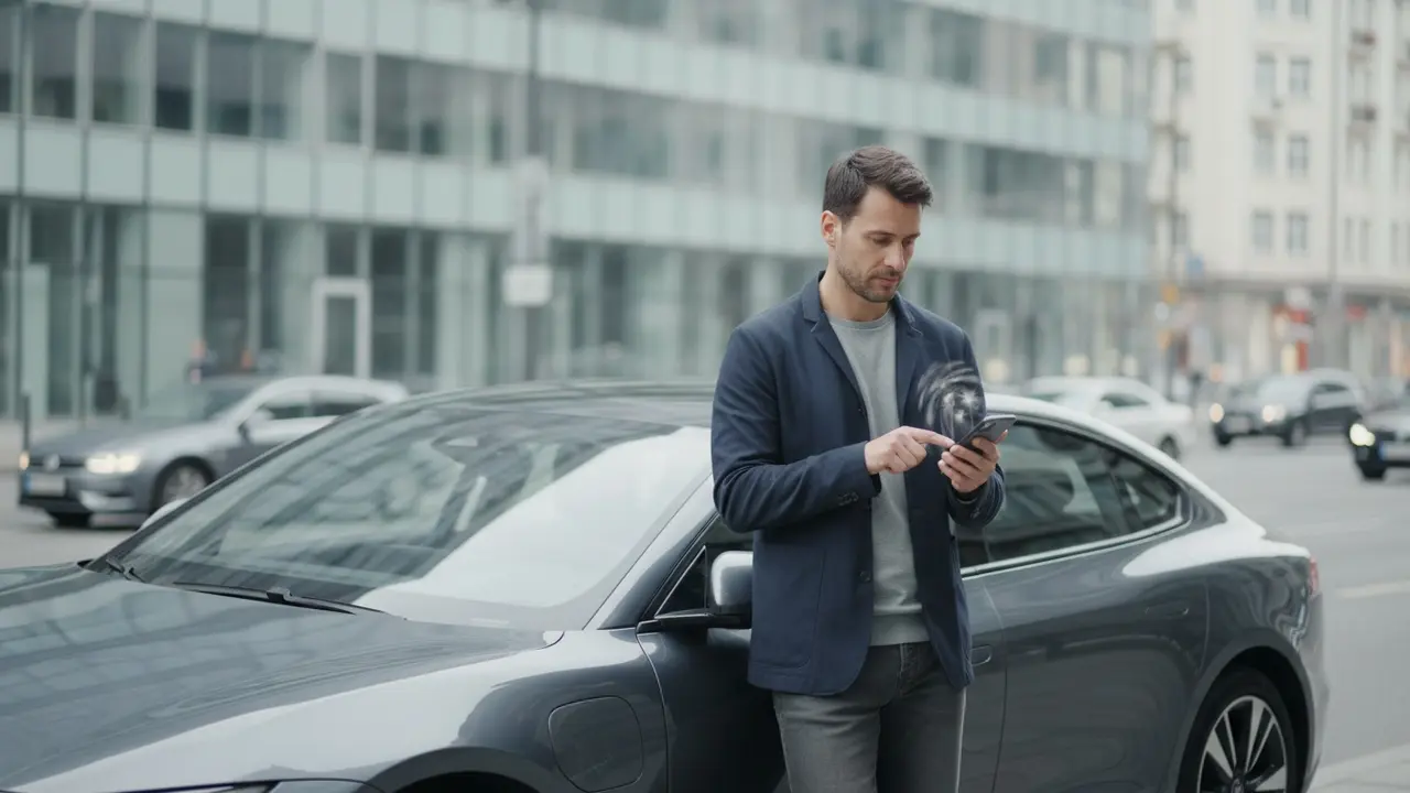 Passager tjekker samkørselsapp på telefonen ved bilen, skærm sløret