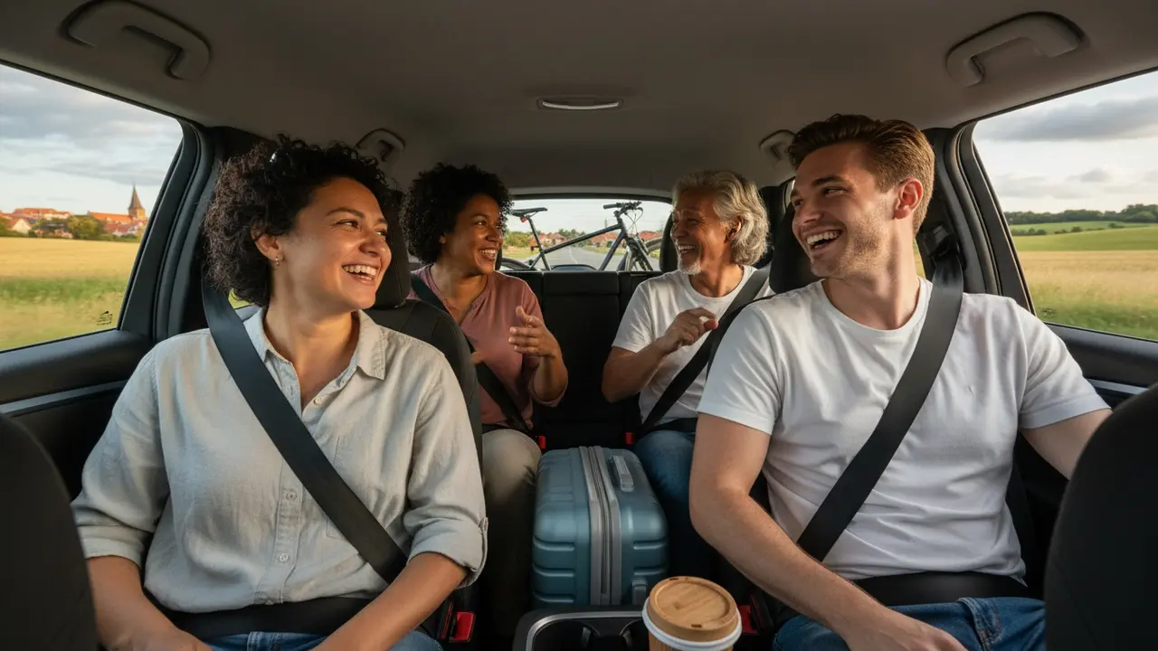 Passagerer der deler en bil på en dansk vej, smilende og komfortable.