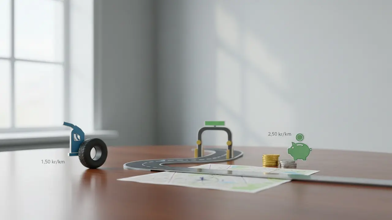 Visuel opdeling af samkørselsomkostninger: brændstof, slid, vejafgifter og distance.