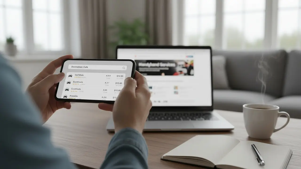 Person der sammenligner samkørselstilbud på smartphone med priser og chaufførbedømmelser.