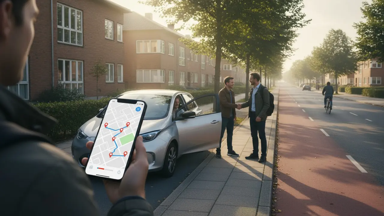Person med smartphone viser rute i samkørselsapp, pendlere ved bil på dansk forstadsgade.