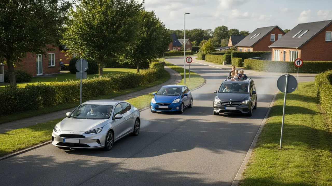 Tre biler på vej: én alene, én med to personer og én fyldt bil; udstødningsrøg aftager fra venstre mod højre.