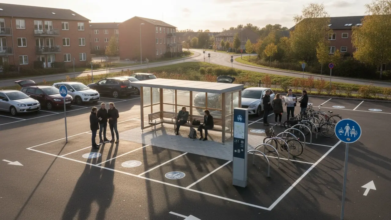 Samkørselshub med parkeringsbåse, ventehus, cykelstativer og mennesker, der mødes for at køre sammen.