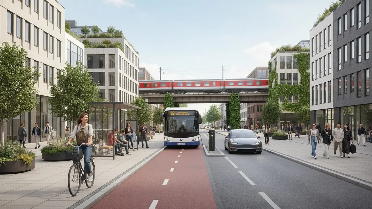 Bybillede med cyklist, elbus, tog og elbil-ladestation i Danmark