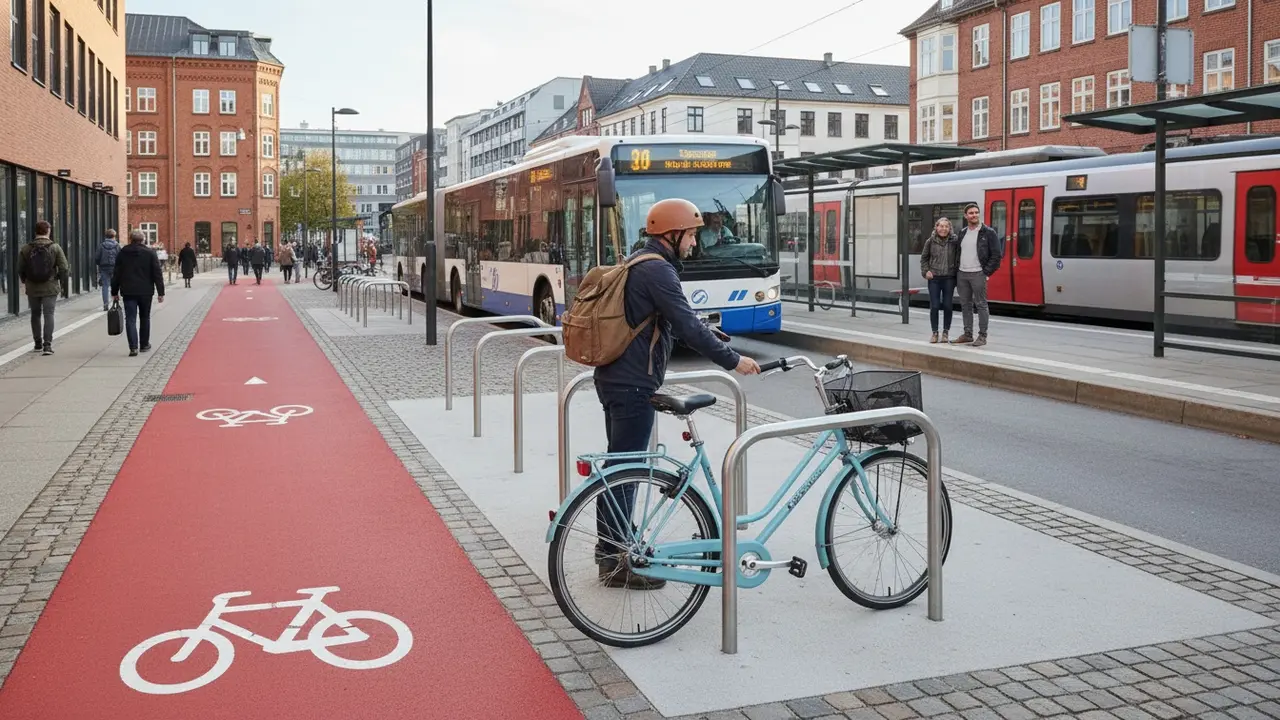 Pendlerscene ved station med person, der låser cykel mens bus og tog ankommer